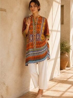Bohemian Orange Printed Kurta Tunic- Light Weight